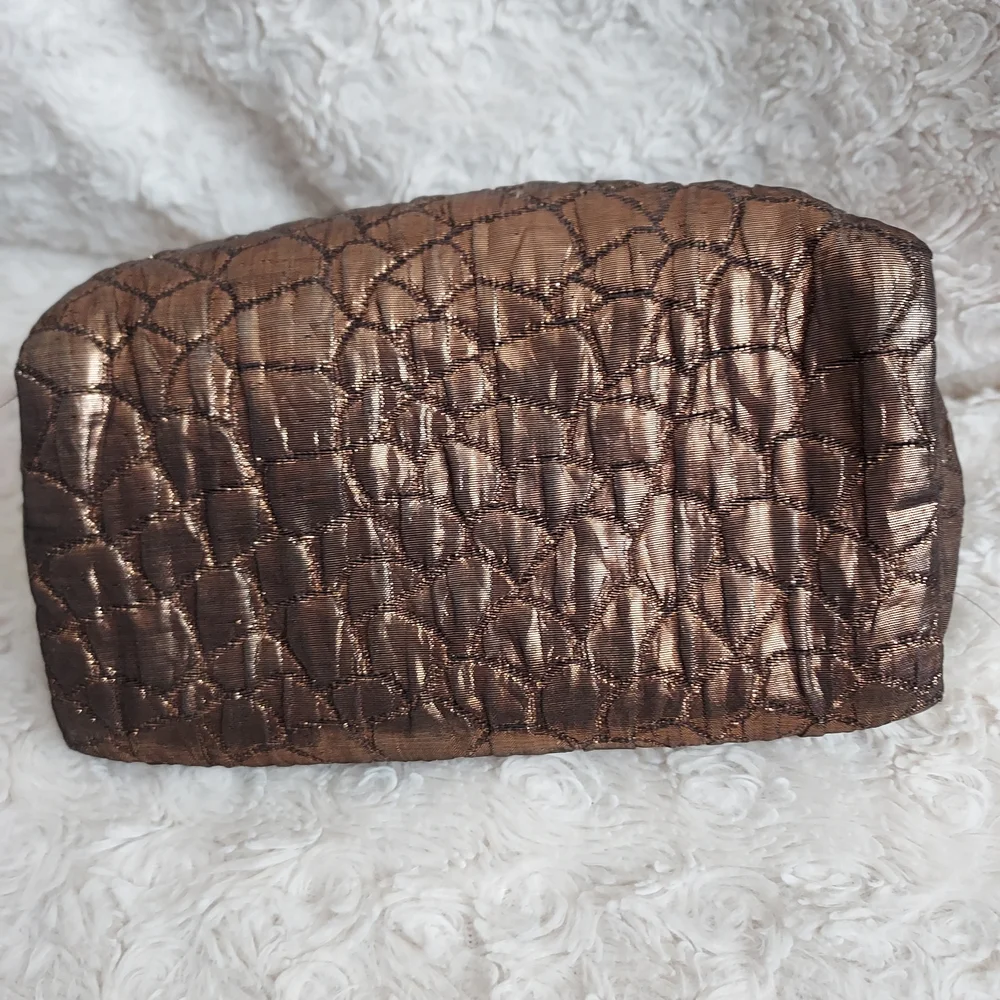 Chic Lancome Bronze Brown Quilted Textured Cosmetic Travel Bag Metallic